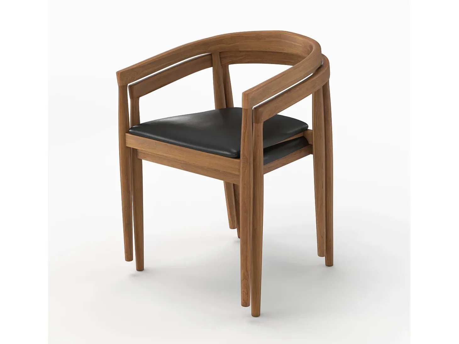 Lote de 2 sillas de madera de teca barnizada y asiento de cuero negro - Bali