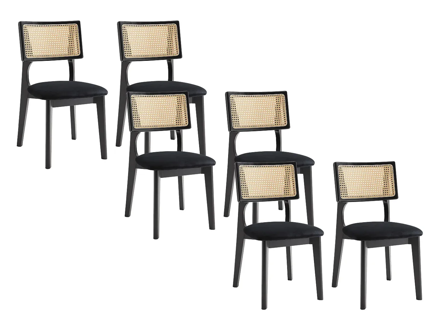 Lote de 6 sillas de terciopelo, efecto ratán y madera de hevea - Negro - CALENYA