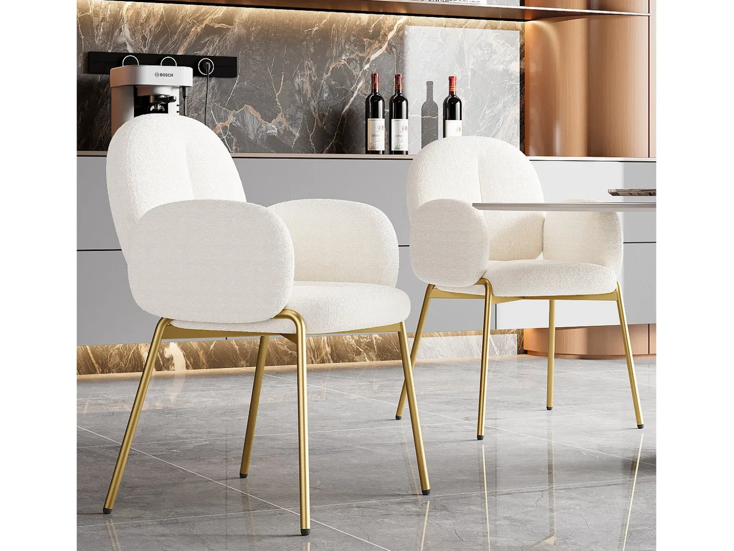 Lote de 2 Sillas en felpa - patas de metal dorado - silla de tocador - silla de comedor - Beige