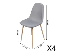Lote de 4 sillas en tela gris claro con patas de metal efecto madera - 45x87x54 cm, altura del asiento 49 cm - Colección NORDICA
