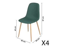 Lote de 4 sillas en tela verde con patas de metal efecto madera – Dimensiones 45x87x54 cm, altura del asiento 49 cm – NORDICA