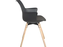 Lote de 2 sillas escandinavas con reposabrazos, patas de madera de haya clara y cojín de cuero sintético MOTI (negro y marrón oscuro)