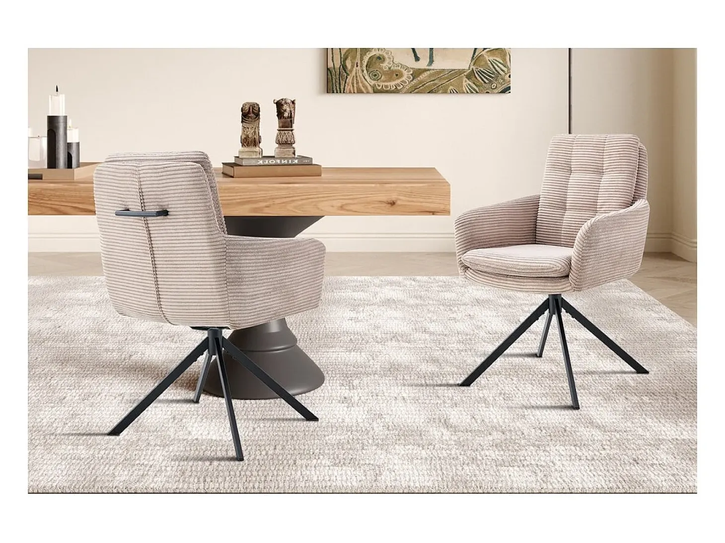 Lote de 2 sillones KAVIRA – Terciopelo acanalado en color arena – Patas de metal – Con reposabrazos – Diseño cálido y moderno