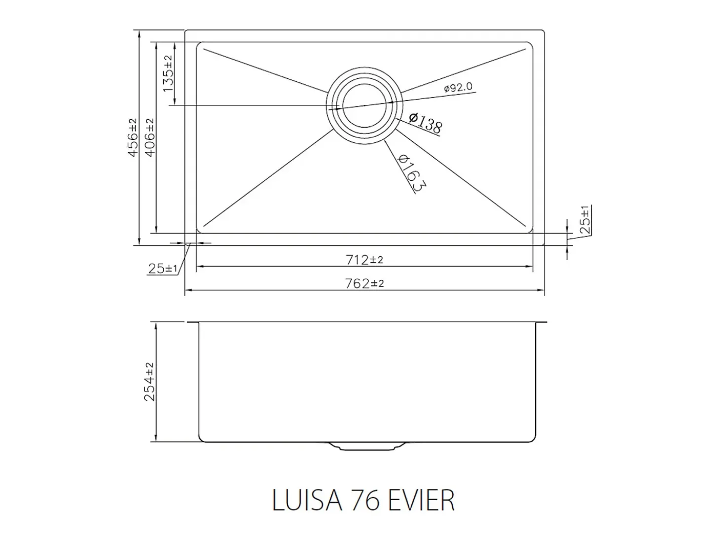Luisa Fregadero 1 seno grande 76x45 en acero inoxidable Essebagno