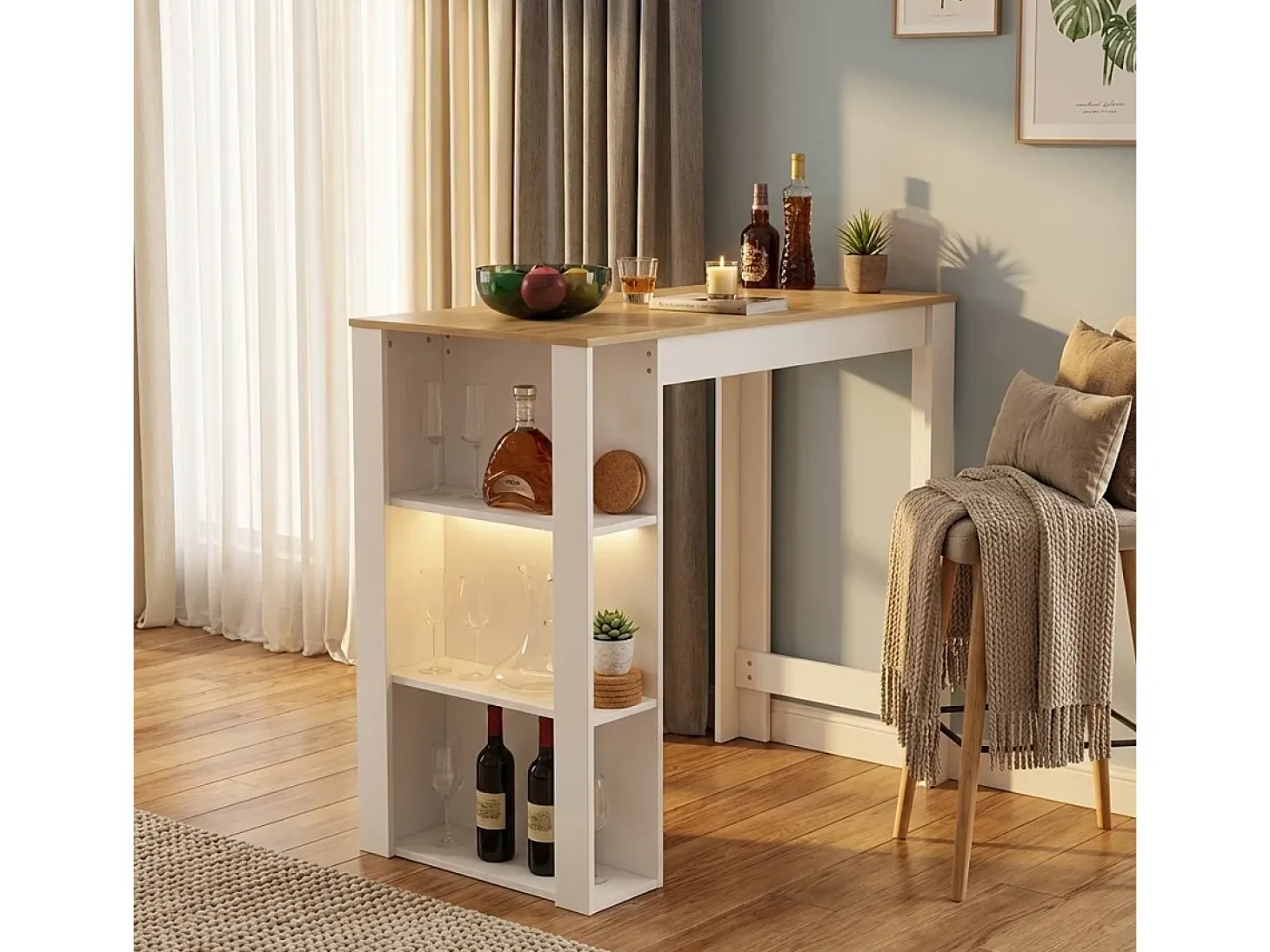 Mesa alta bar cocina moderna taburetes con estantes Charmes - Blanco - Roble