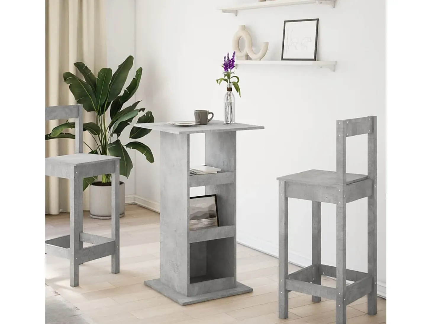 Mesa alta bar con almacenaje madera gris hormigón 60x60x102 cm
