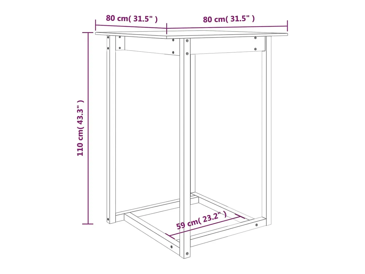 Mesa alta de bar de madera maciza de pino 80x80x110 cm