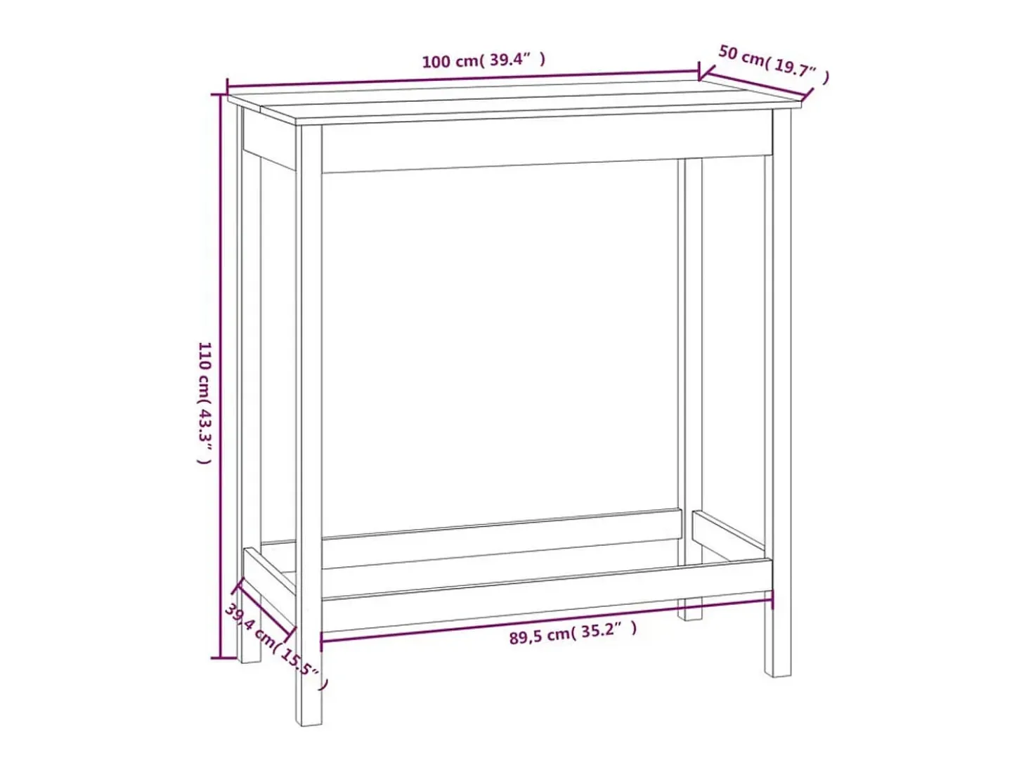Mesa alta de bar madera maciza de pino 100x50x110 cm
