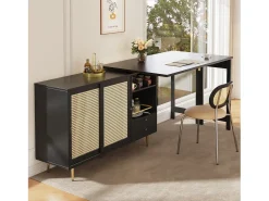 Mesa alta pivotante 360° con rango, mesa extensible con puertas en rotin, étagère ouverte, en MDF, negro (107x40x71,4 cm)
