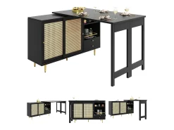 Mesa alta pivotante 360° con rango, mesa extensible con puertas en rotin, étagère ouverte, en MDF, negro (107x40x71,4 cm)