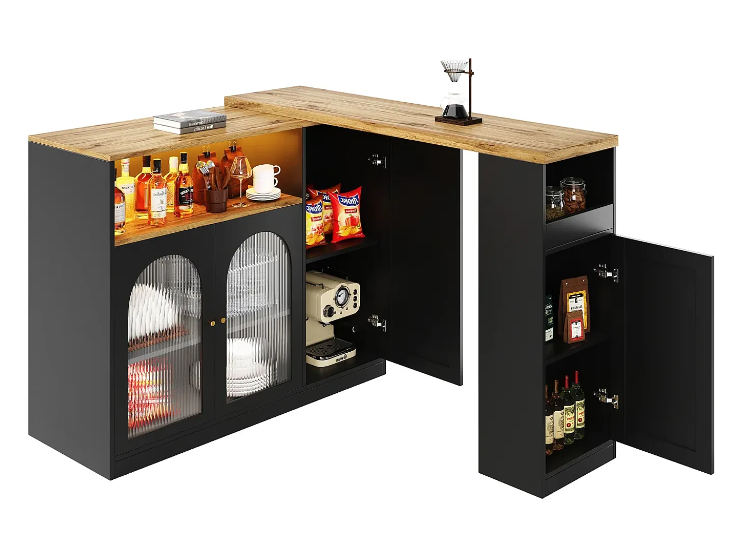 Mesa alta pivotante 360°, diseño moderno, negro mate con puerta en cristal Changhong et éclairage LED, mueble de gama (197x39,6x100 cm)