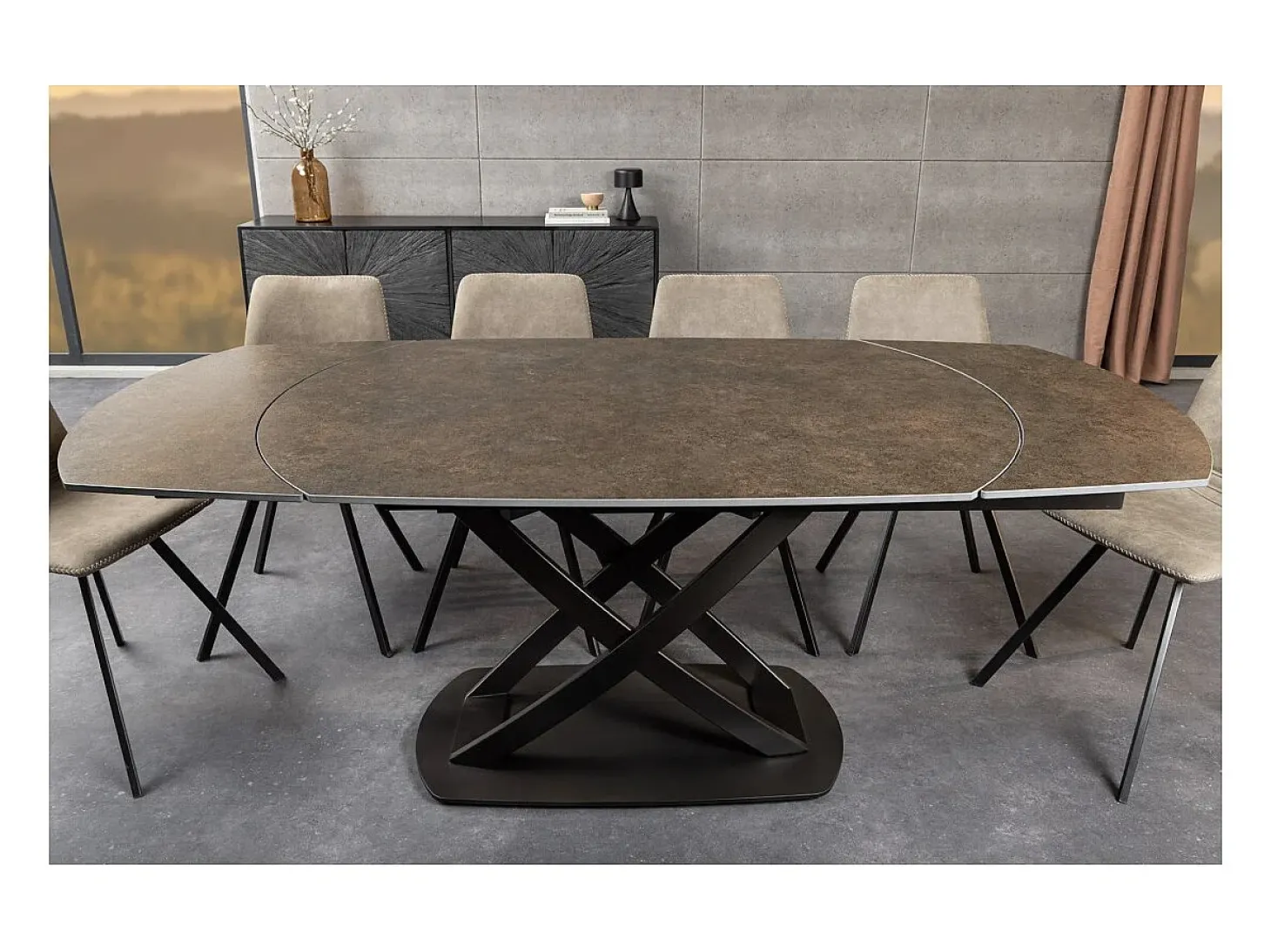 Mesa ATONIA – Ovalada extensible 130 a 190 cm – Tablero cerámico efecto mármol bronce – Patas de metal – Estilo moderno