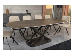 Mesa ATONIA – Ovalada extensible 130 a 190 cm – Tablero cerámico efecto mármol bronce – Patas de metal – Estilo moderno