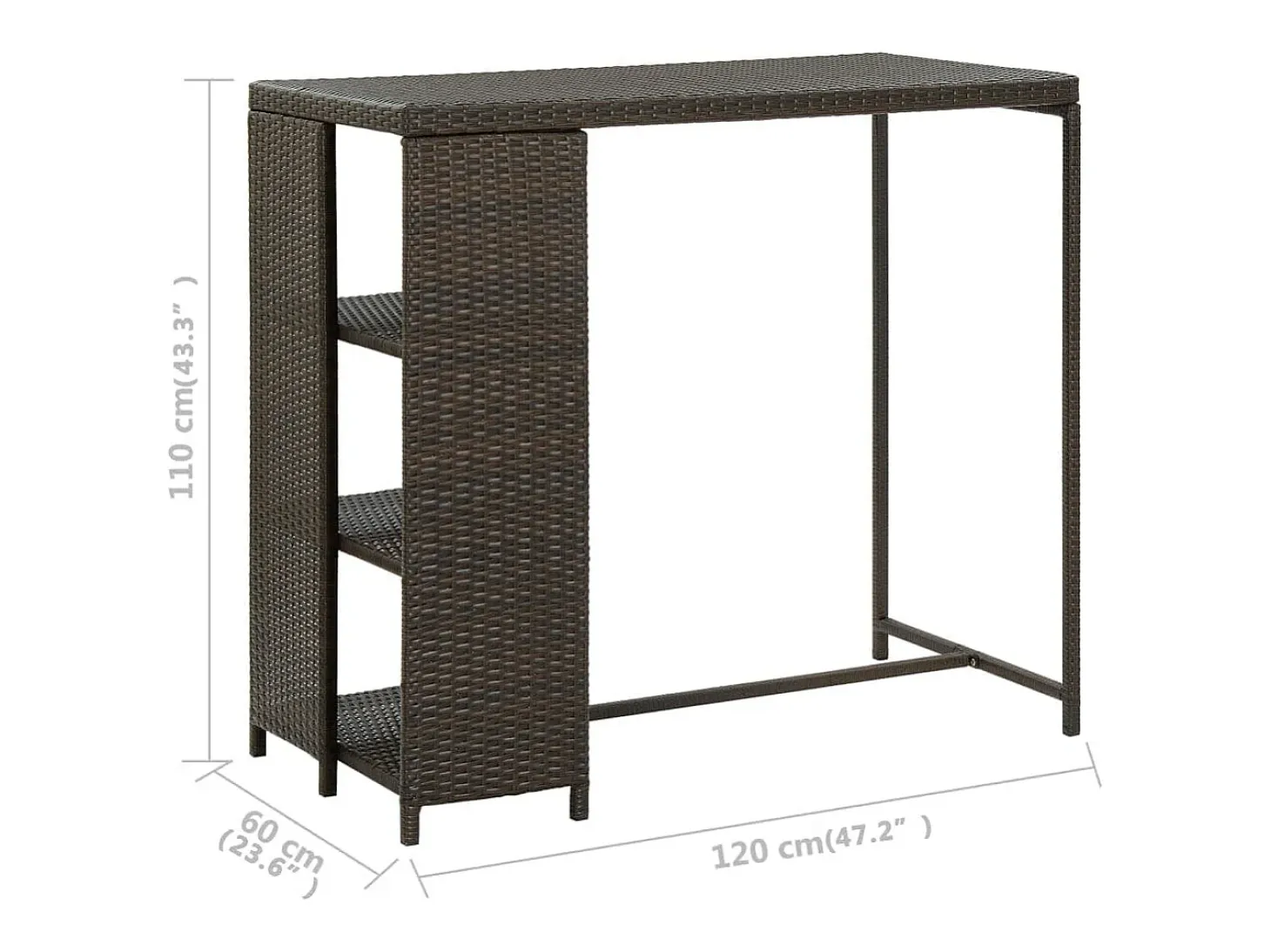Mesa bar estante almacenaje 120x60x110cm ratán sintético marrón