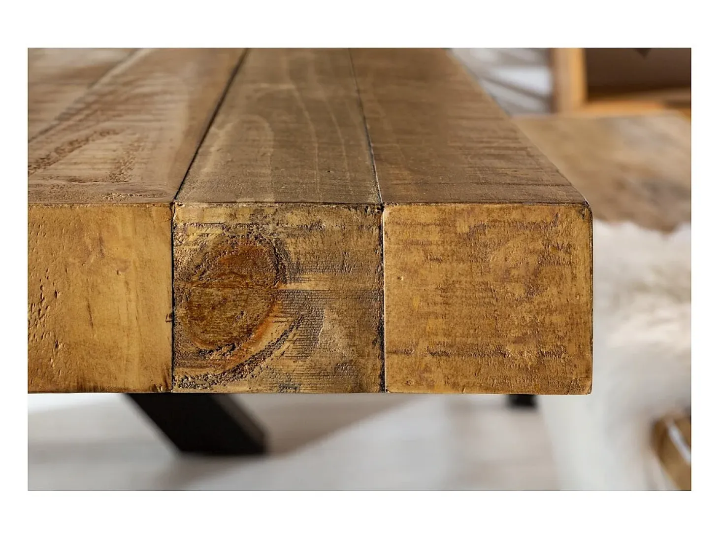 Mesa CAVARA – Madera de pino reciclado barnizado y metal negro – 200 cm – Tablero grueso 80 mm – Estilo industrial