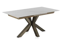 Mesa cerámica extensible blanca 160/210x90 con pie metal color cobre