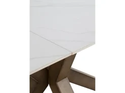 Mesa cerámica extensible blanca 160/210x90 con pie metal color cobre