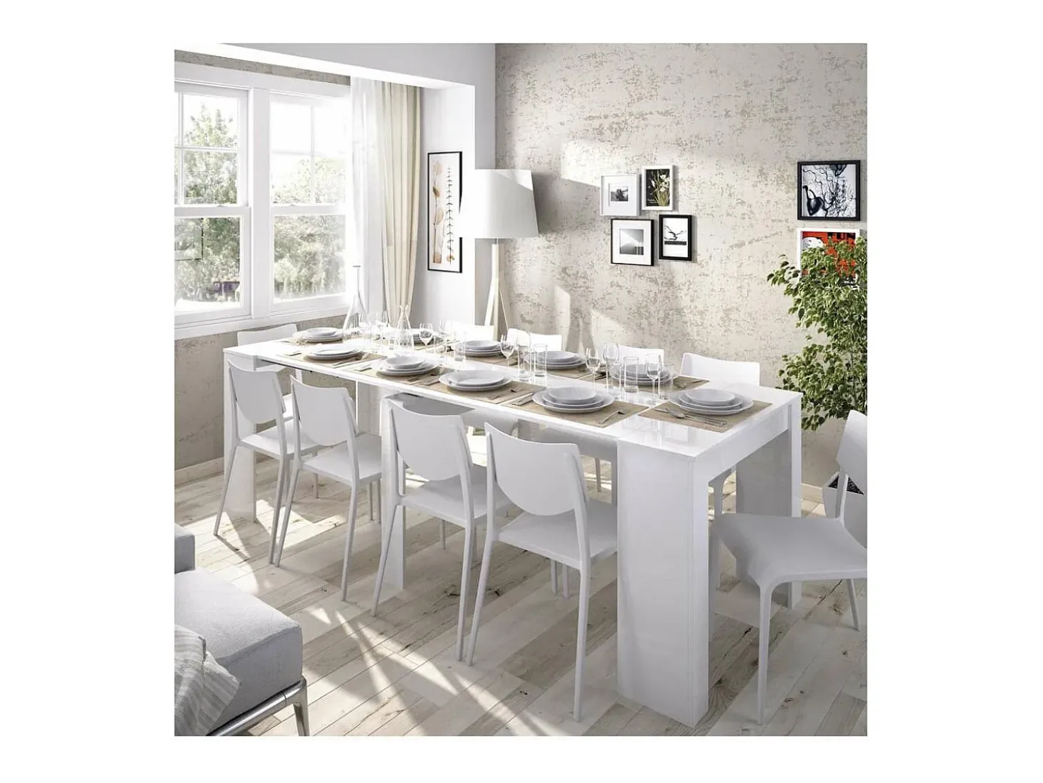 Mesa comedor Bailen multifuncion extensible en blanco brillo. 77 cm(alto)54-101-147-194-24