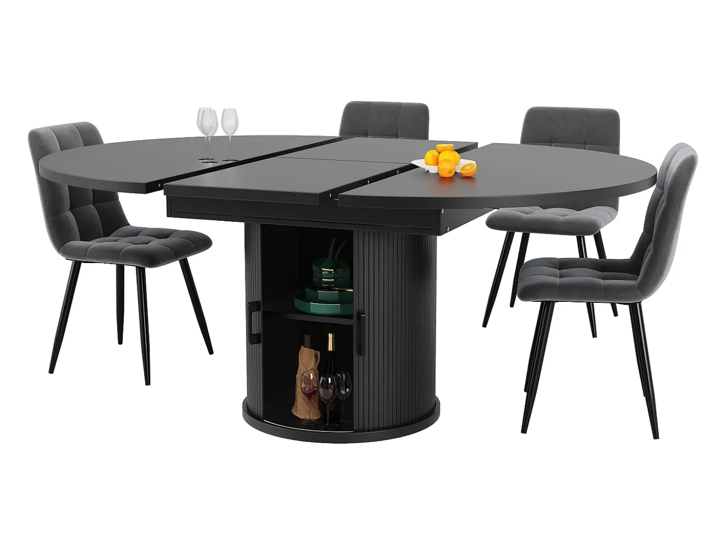 Mesa comedor extensible - MDF - Mesa redonda - 118-158 cm - 6 personas - 1 puerta - 2 estantes - negro