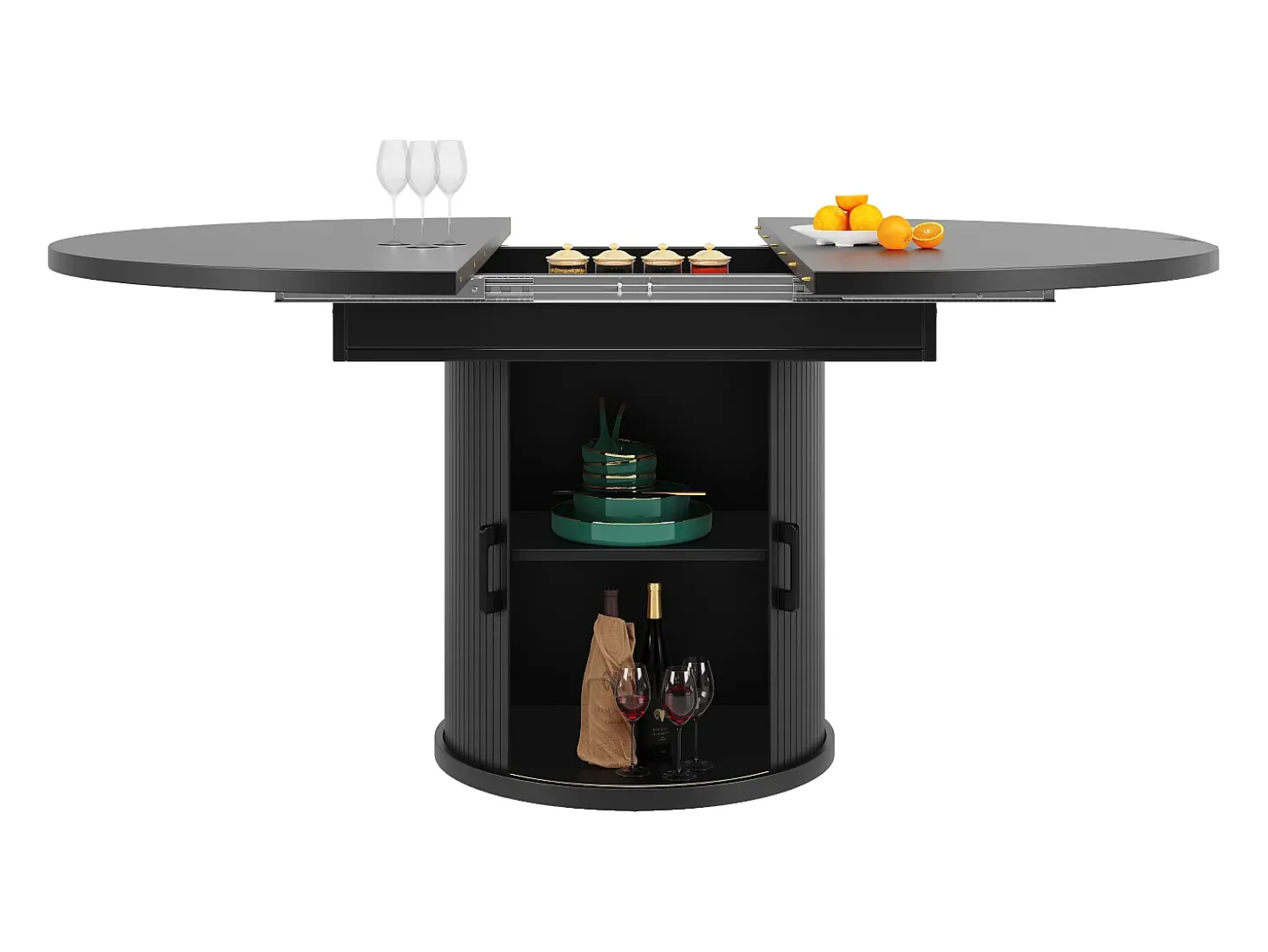Mesa comedor extensible - MDF - Mesa redonda - 118-158 cm - 6 personas - 1 puerta - 2 estantes - negro