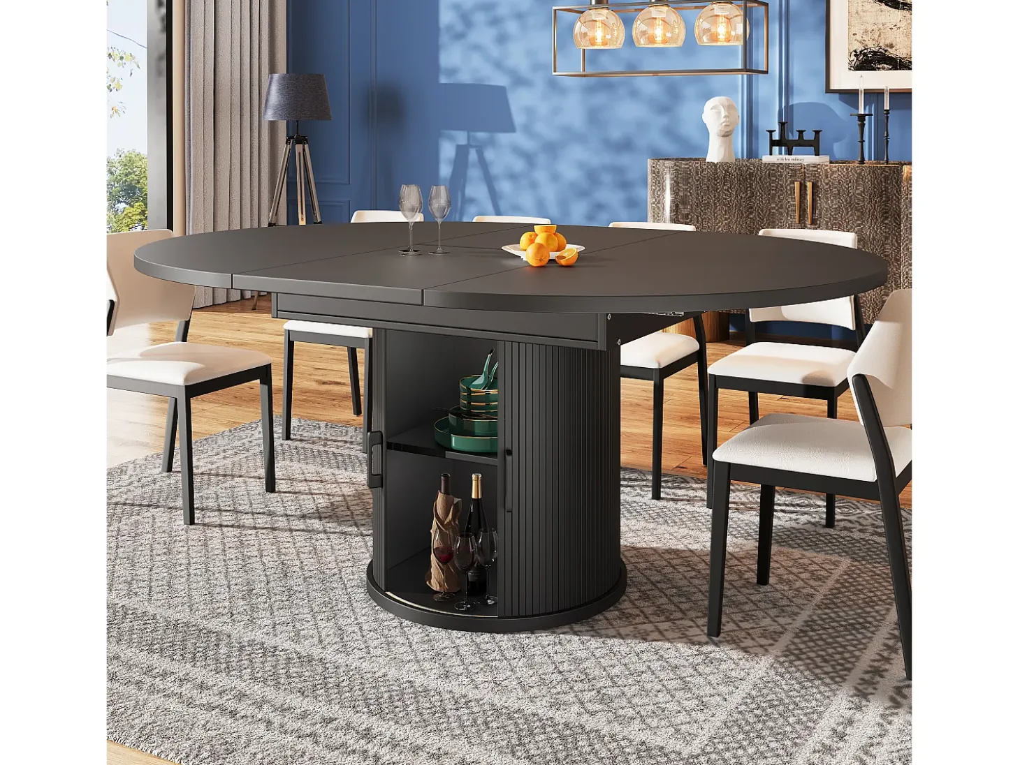 Mesa comedor extensible - MDF - Mesa redonda - 118-158 cm - 6 personas - 1 puerta - 2 estantes - negro