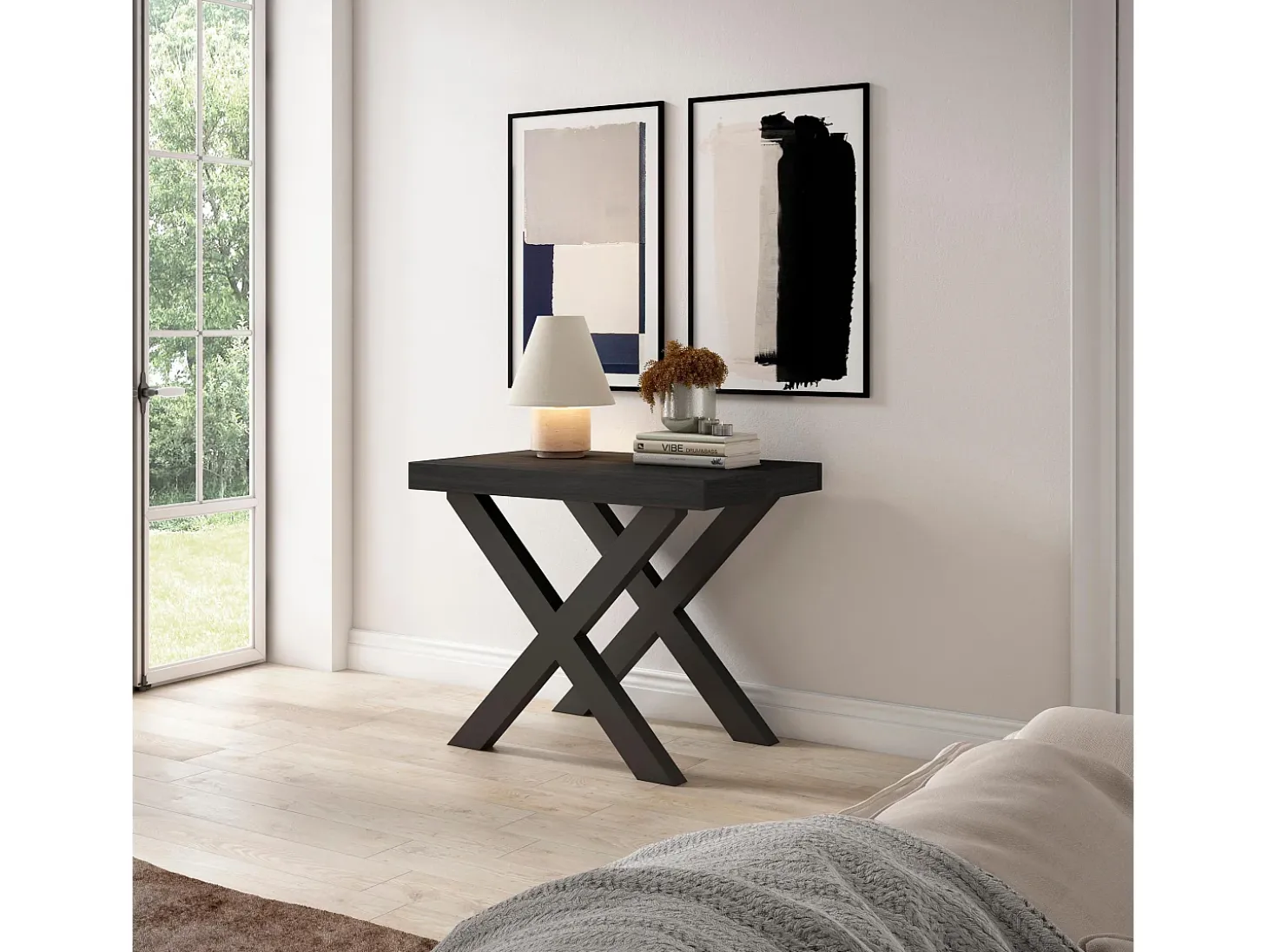 Mesa Consola extensible, 160x90x73cm, Para 8 comensales, Patas madera maciza, Negro