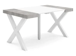 Mesa Consola extensible, 140x90x73cm, Para 6 comensales, Patas madera maciza, Blanco y Cemento