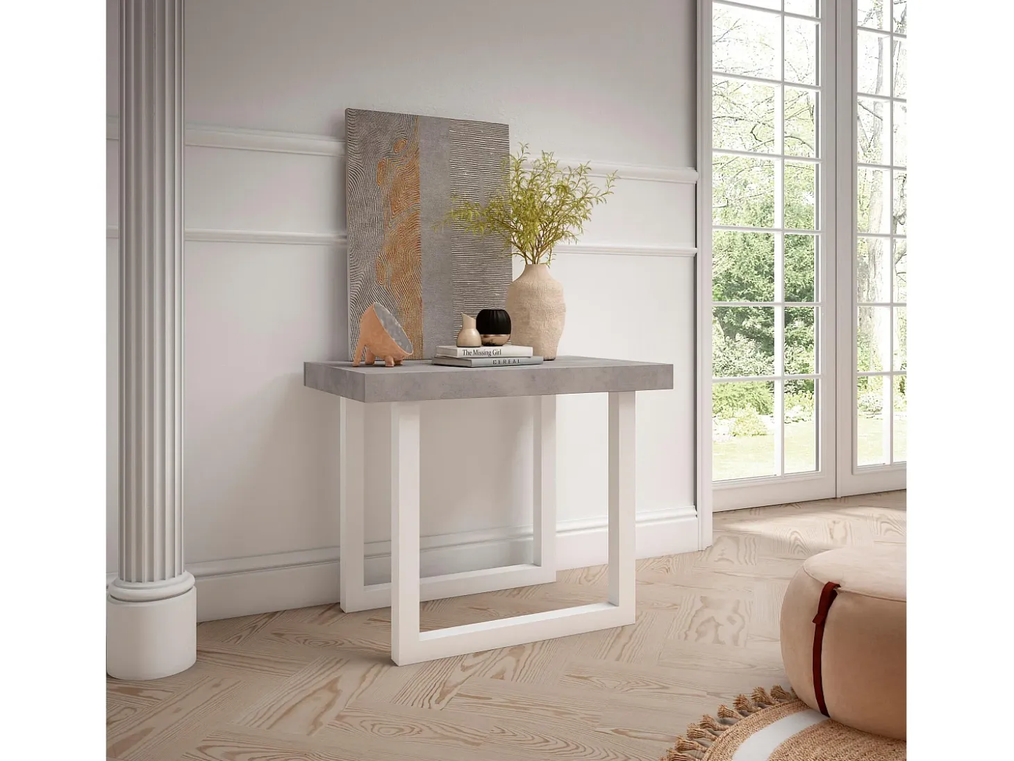 Mesa Consola extensible, 180x90x73cm, Para 8 comensales, Patas madera maciza, Blanco y Cemento
