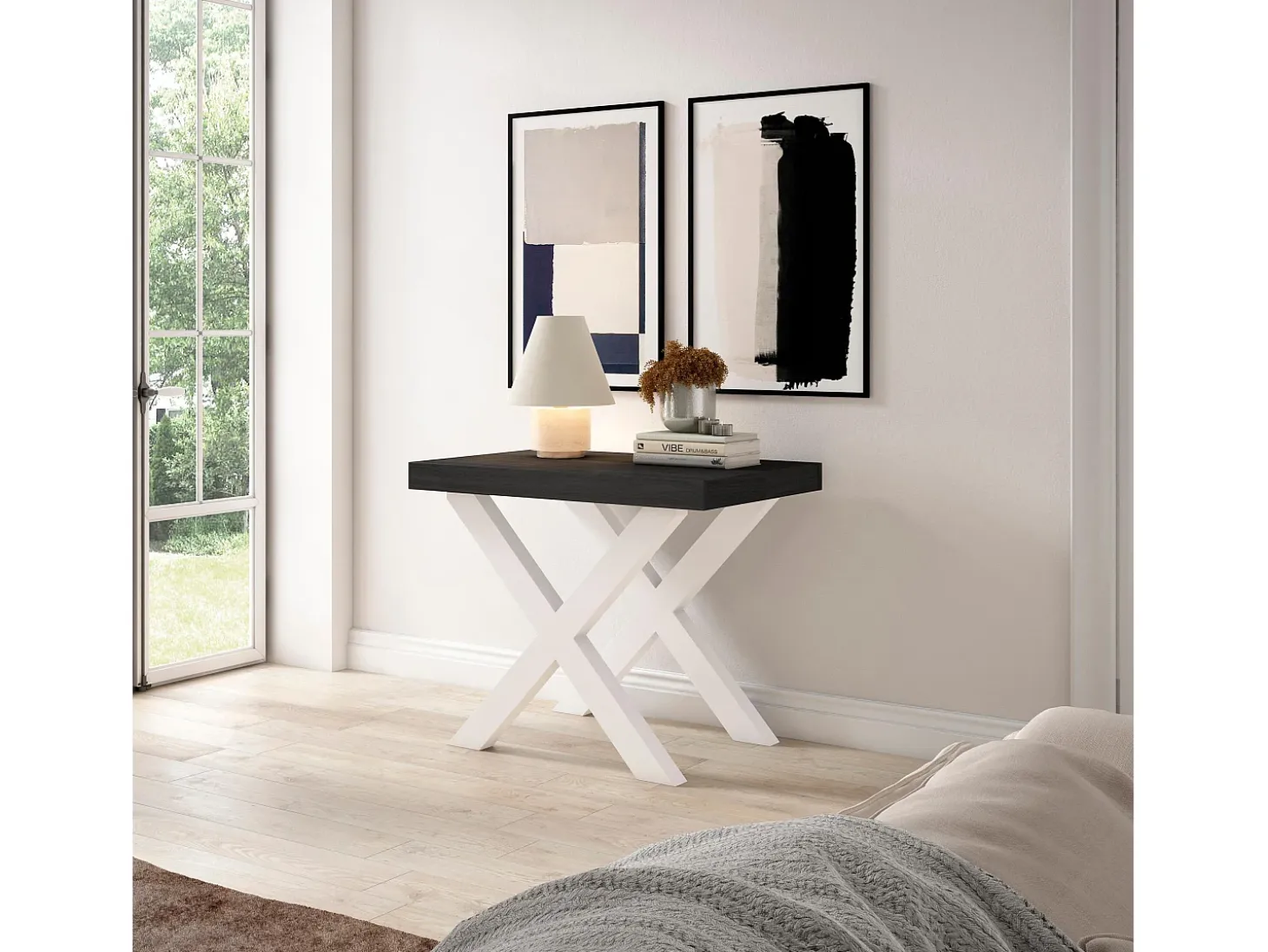 Mesa Consola extensible, 160x90x73cm, Para 8 comensales, Patas madera maciza, Negro