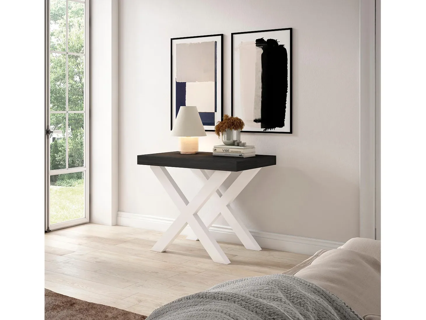 Mesa Consola extensible, 160x90x73cm, Para 8 comensales, Patas madera maciza, Blanco y negro
