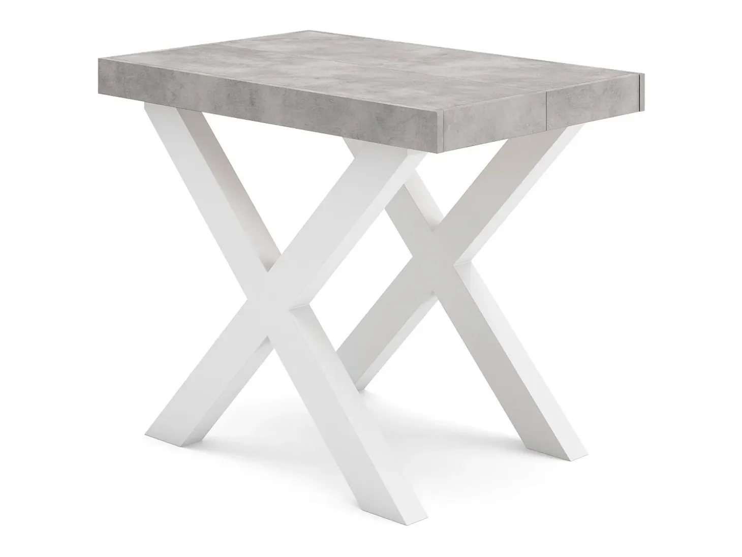 Mesa Consola extensible, 180x90x73cm, Para 8 comensales, Patas madera maciza, Blanco y Cemento