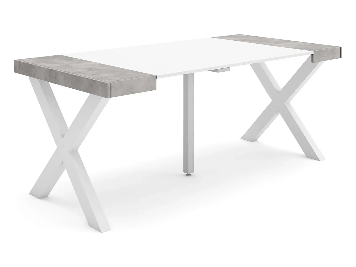 Mesa Consola extensible, 180x90x73cm, Para 8 comensales, Patas madera maciza, Blanco y Cemento
