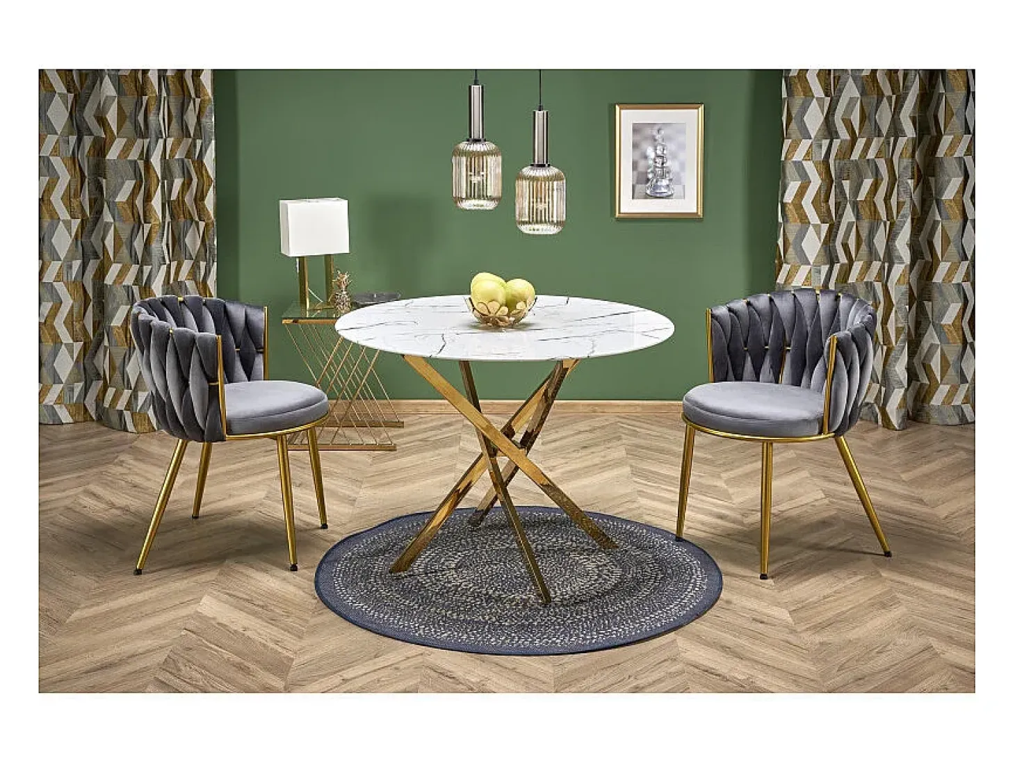 Mesa de 100 cm con tablero de aspecto mármol blanco y base Mezzo dorada