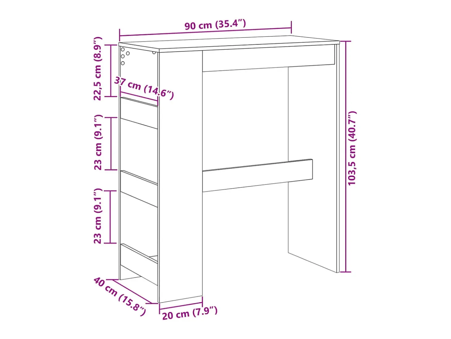 Mesa de bar con estantes, roble artesanal, madera de ingeniería.
