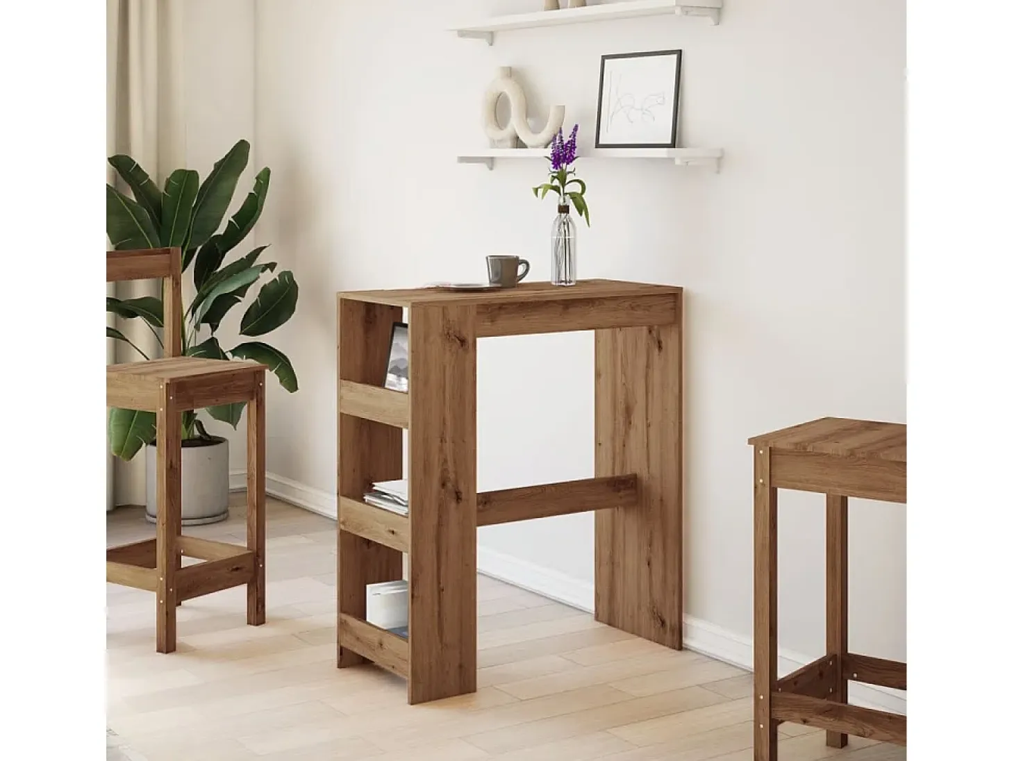 Mesa de bar con estantes, roble artesanal, madera de ingeniería.