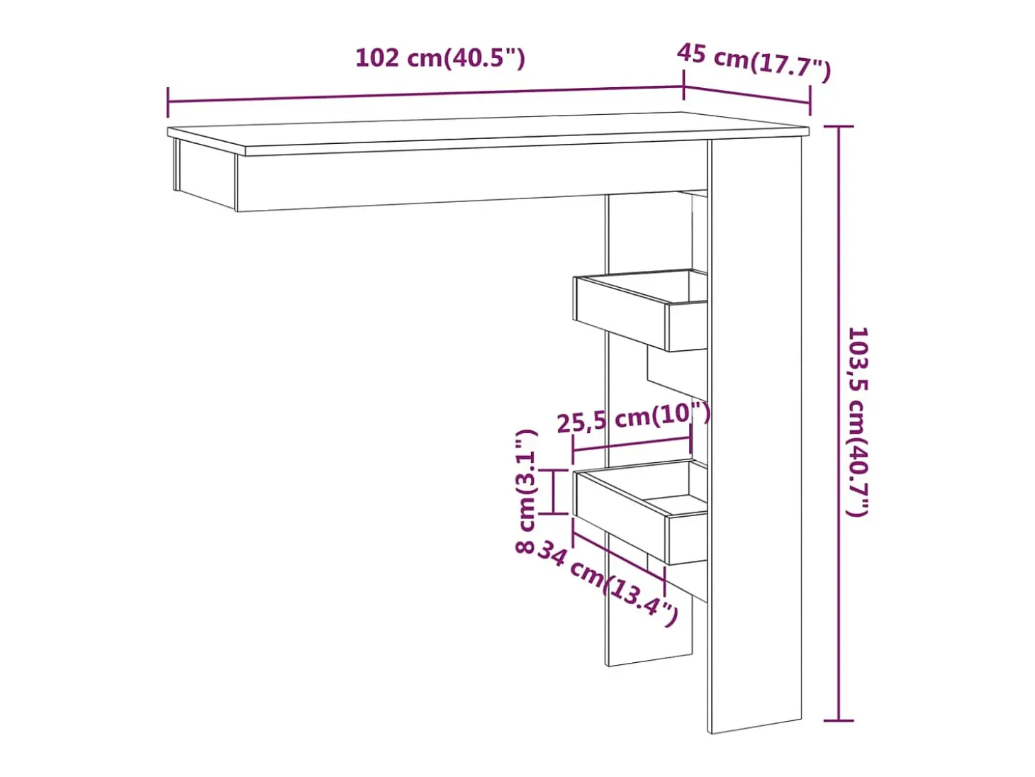 Mesa de bar de pared de hormigón gris, 102 x 45 x 103,5 cm, madera de ingeniería