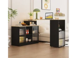 Mesa de bar extensible - 100 x 155 x 90 cm - con espacio de almacenamiento - mesa de bar móvil - MDF + cristal - negro