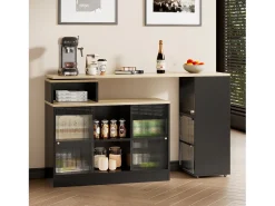 Mesa de bar extensible - 100 x 155 x 90 cm - con espacio de almacenamiento - mesa de bar móvil - MDF + cristal - negro