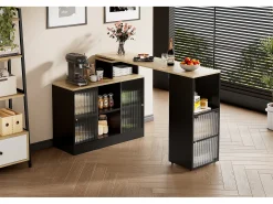 Mesa de bar extensible - 100 x 155 x 90 cm - con espacio de almacenamiento - mesa de bar móvil - MDF + cristal - negro