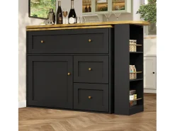 Mesa de bar extensible con rango, mesa alta, con étagère à snacks, diseño moderno, MDF, metal, negro (138-204x39x105 cm)