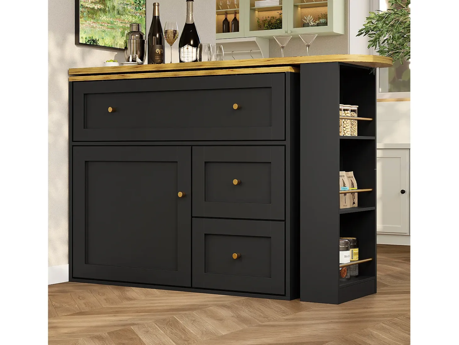 Mesa de bar extensible con rango, mesa alta, con étagère à snacks, diseño moderno, MDF, metal, negro (138-204x39x105 cm)