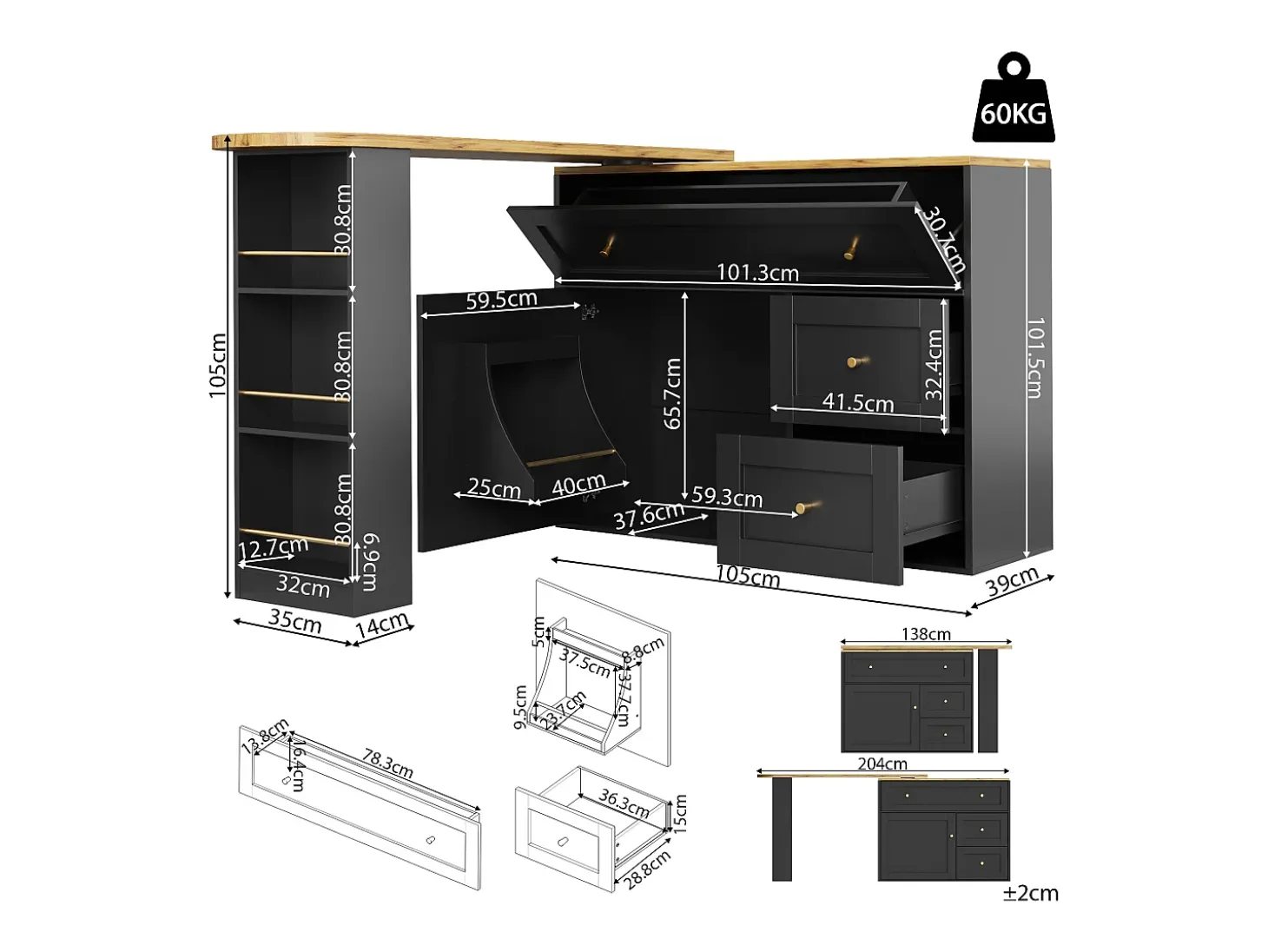 Mesa de bar extensible con rango, mesa alta, con étagère à snacks, diseño moderno, MDF, metal, negro (138-204x39x105 cm)