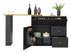 Mesa de bar extensible con rango, mesa alta, con étagère à snacks, diseño moderno, MDF, metal, negro (138-204x39x105 cm)