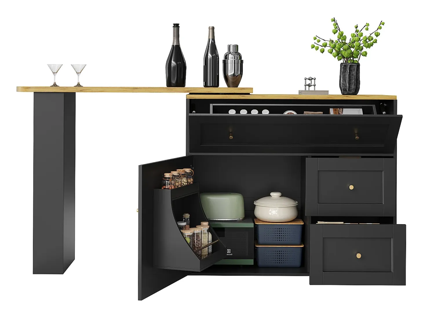 Mesa de bar extensible con rango, mesa alta, con étagère à snacks, diseño moderno, MDF, metal, negro (138-204x39x105 cm)