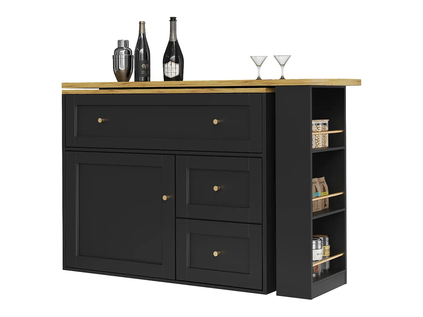 Mesa de bar extensible con rango, mesa alta, con étagère à snacks, diseño moderno, MDF, metal, negro (138-204x39x105 cm)