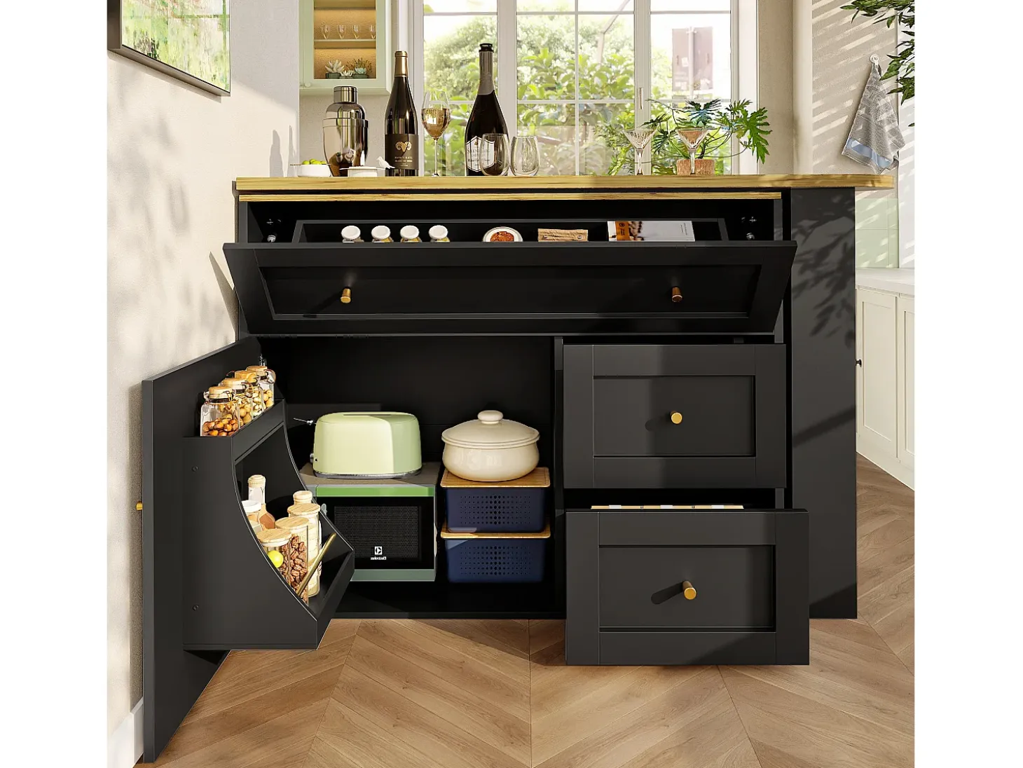 Mesa de bar extensible con rango, mesa alta, con étagère à snacks, diseño moderno, MDF, metal, negro (138-204x39x105 cm)