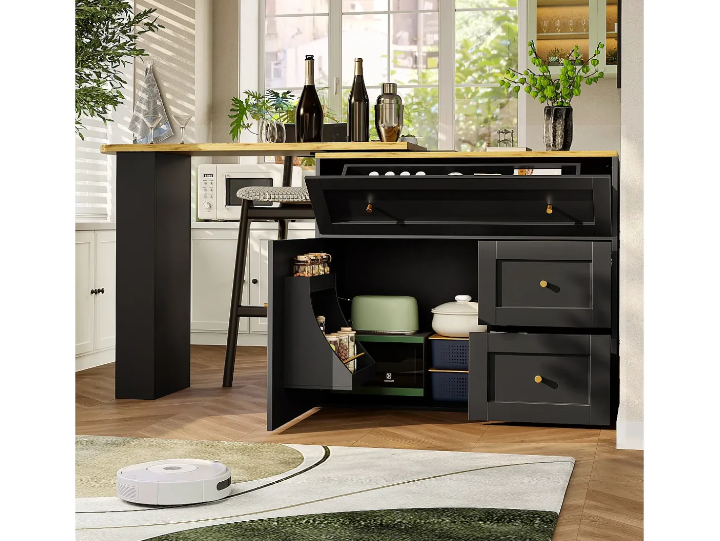 Mesa de bar extensible con rango, mesa alta, con étagère à snacks, diseño moderno, MDF, metal, negro (138-204x39x105 cm)