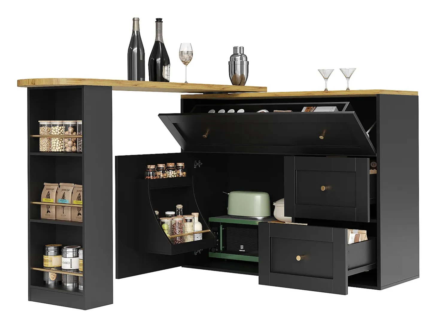 Mesa de bar extensible con rango, mesa alta, con étagère à snacks, diseño moderno, MDF, metal, negro (138-204x39x105 cm)