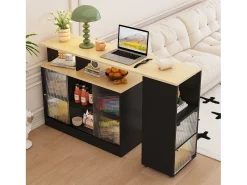 Mesa de bar extensible con almacenaje, diseño moderno, MDF y cristal, color negro (169,55x47,88x15,24 cm)