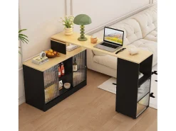 Mesa de bar extensible con almacenaje, diseño moderno, MDF y cristal, color negro (169,55x47,88x15,24 cm)